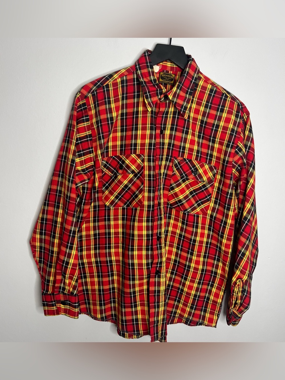 Vintage 70s 80s USA Washington Dee Cee Plaid Flannel Mens Large Red Yellow FLAW